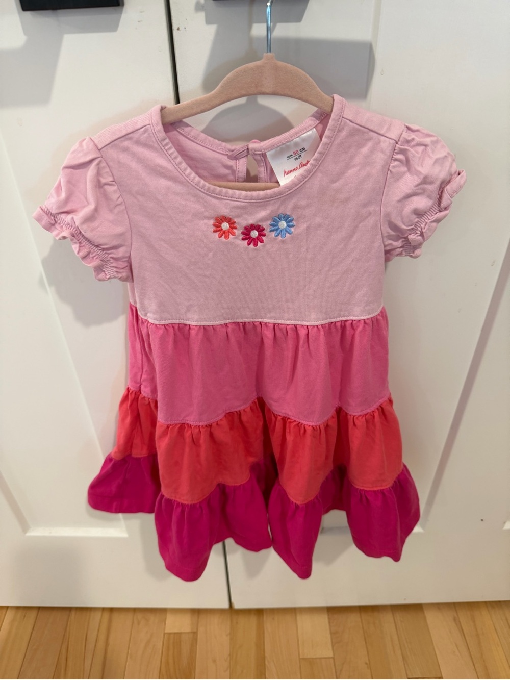 Hanna Andersson Pink Tiered Floral Appliqué Dress Sz 80 cm/2T